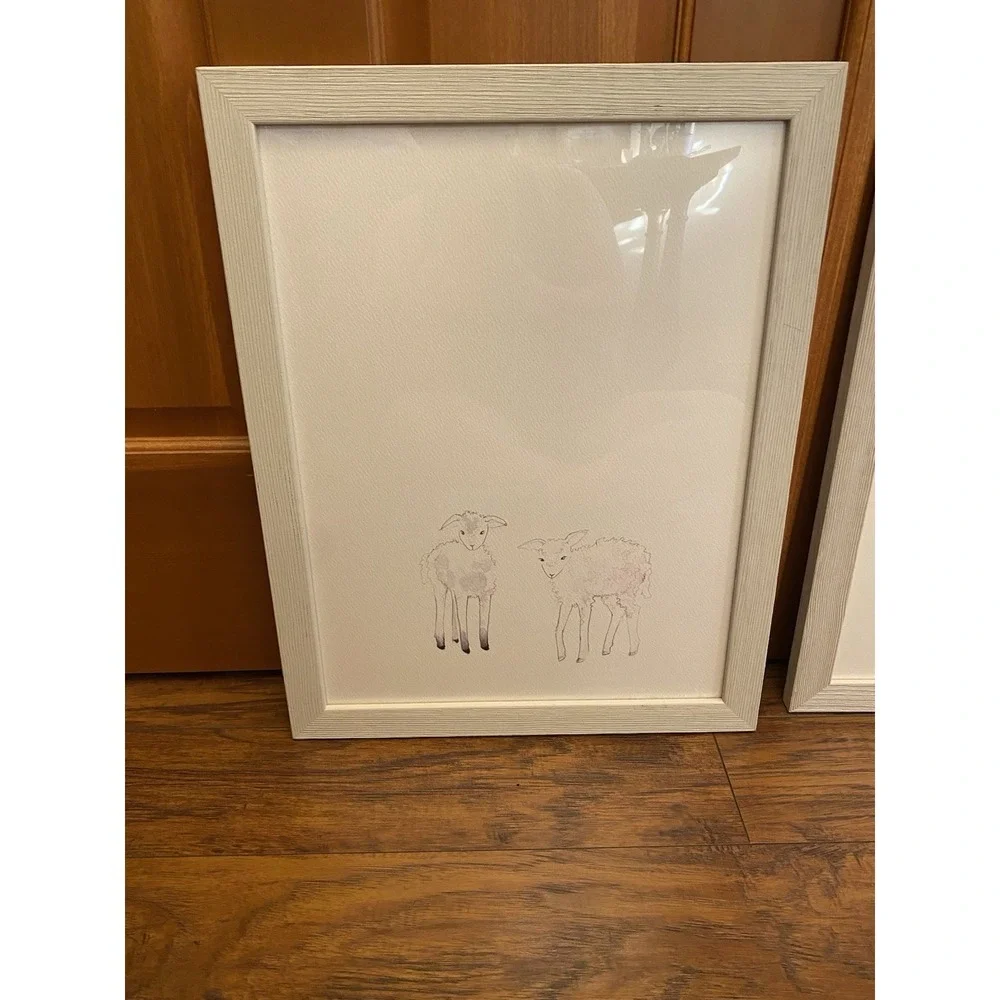 Restoration Hardware Baby Child Watercolor Animal Lamb Bunny Neutral Print Set 2